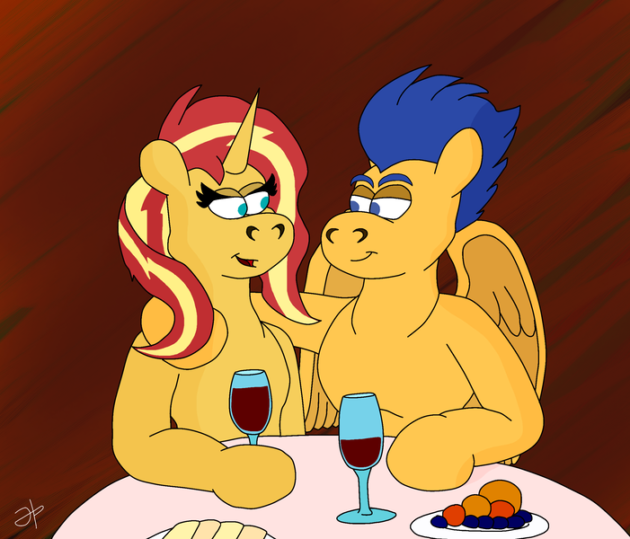 Size: 2345x2007 | Tagged: safe, artist:rotgriff, derpibooru import, flash sentry, sunset shimmer, pegasus, pony, unicorn, date, female, flashimmer, food, glass, image, lidded eyes, looking at each other, looking at someone, male, mare, png, shipping, stallion, straight, wine glass