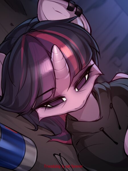 Size: 1536x2048 | Tagged: safe, artist:minekoo2, derpibooru import, twilight sparkle, twilight sparkle (alicorn), alicorn, pony, can, clothes, ear piercing, empty eyes, female, glasses, hoodie, image, jpeg, lying down, mare, piercing, side, solo