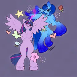 Size: 3000x3000 | Tagged: artist needed, source needed, safe, derpibooru import, twilight sparkle, twilight sparkle (alicorn), oc, oc:blue thunder, alicorn, blushing, canon x oc, flower, heart, horn, image, jpeg, love, thundersparkle