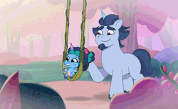 Size: 600x369 | Tagged: safe, derpibooru import, screencap, pony, unicorn, g5, my little pony: tell your tale, spoiler:g5, spoiler:my little pony: tell your tale, spoiler:tyts01e63, afro puffs, alphabetes, alphabittle blossomforth, animated, baby, baby pony, bridlewood, cute, duo, father and child, father and daughter, female, filly, filly misty brightdawn, flashback, foal, gif, happy, image, male, misty brightdawn, mistybetes, nightmare nightmarket, outdoors, smiling, stallion, swing, wholesome, younger, youtube link