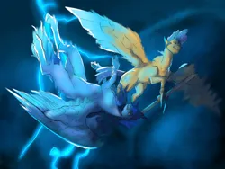 Size: 1024x768 | Tagged: artist needed, source needed, safe, derpibooru import, flash sentry, oc, oc:blue thunder, alicorn, pegasus, fight, image, png, storm