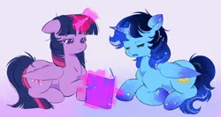 Size: 3488x1855 | Tagged: artist needed, source needed, safe, derpibooru import, twilight sparkle, twilight sparkle (alicorn), oc, oc:blue thunder, alicorn, book, canon x oc, image, magic, png, reading, sleeping, thundersparkle