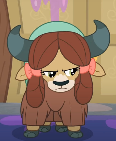 Size: 576x701 | Tagged: safe, derpibooru import, screencap, yona, yak, the hearth's warming club, bow, cloven hooves, female, hair bow, image, monkey swings, png, solo, unamused, yona is not amused