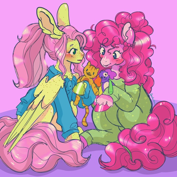 Size: 2048x2048 | Tagged: safe, artist:honolu-loo, derpibooru import, fluttershy, pinkie pie, earth pony, pegasus, pony, duo, female, flutterpie, image, jpeg, lesbian, pink background, plushie, shipping, simple background