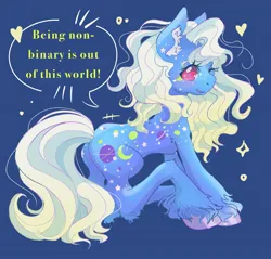 Size: 2041x1949 | Tagged: safe, artist:honolu-loo, derpibooru import, night glider (g1), earth pony, pony, g1, blue background, image, jpeg, nonbinary, positive message, simple background, sitting, solo