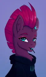 Size: 1203x2000 | Tagged: safe, artist:tanatos, derpibooru import, tempest shadow, pony, unicorn, broken horn, bust, candy, clothes, female, food, glow, glowing horn, hoodie, horn, image, lollipop, looking at you, mare, mouth hold, png, portrait, redraw, scarf, simple background, three quarter view
