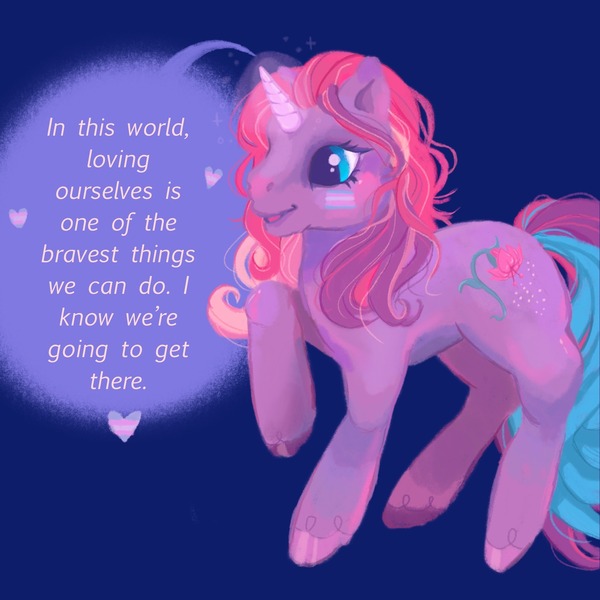 Size: 2048x2048 | Tagged: safe, artist:honolu-loo, derpibooru import, lily lightly, earth pony, pony, g3, blue background, female, image, jpeg, positive message, pride, pride flag, simple background, solo, trans female, transfeminine, transgender, transgender pride flag