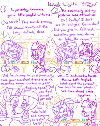 Size: 4779x6013 | Tagged: safe, artist:adorkabletwilightandfriends, derpibooru import, rarity, twilight sparkle, twilight sparkle (alicorn), alicorn, comic:adorkable twilight and friends, adorkable, adorkable twilight, alcohol, blushing, bread, comic, confused, cute, dork, flank, food, happy, horny, image, outdoors, pleasure, png, pointing, restaurant, shocked, sitting, slice of life, smiling, surprised, sweat, table, wine