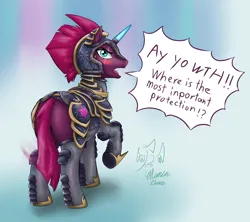 Size: 2104x1872 | Tagged: suggestive, artist:eltanin14d, derpibooru import, fizzlepop berrytwist, tempest shadow, pony, unicorn, armor, butt, female, image, looking at you, looking back, nudity, open mouth, partial nudity, png, solo, speech bubble, unconvincing armor