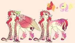 Size: 1920x1124 | Tagged: safe, artist:malinraf1615, derpibooru import, big macintosh, fluttershy, oc, earth pony, pegasus, pony, bandana, braid, braided pigtails, cheek fluff, chest fluff, coat markings, colored wings, feathered fetlocks, female, floppy ears, fluttermac, freckles, grin, image, long mane, male, mane stripe, mare, multicolored wings, offspring, parent:big macintosh, parent:fluttershy, parents:fluttermac, pegasus oc, pigtails, pink background, png, shipping, simple background, smiling, stallion, straight, tail, tail feathers, unshorn fetlocks, wings