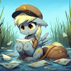 Size: 1075x1075 | Tagged: safe, derpibooru import, machine learning generated, derpy hooves, pegasus, pony, ai content, bag, cute, female, generator:bing image creator, image, jpeg, mailbag, mailmare, mare, mud, muddy, sad, sadorable, solo, water, wrong cutie mark