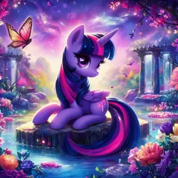 Size: 1024x1024 | Tagged: safe, derpibooru import, machine learning generated, twilight sparkle, twilight sparkle (alicorn), alicorn, butterfly, insect, ai content, cute, flower, galaxy, generator:bing image creator, generator:dall-e 3, image, jpeg, pond, scenery, scenery porn, water