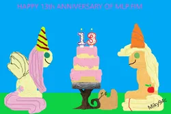 Size: 1536x1024 | Tagged: safe, artist:miky94c, derpibooru import, applejack, earth pony, pegasus, pony, 1000 hours in ms paint, anniversary, cake, candle, cowboy hat, derpibooru exclusive, food, freckles, grass, hat, image, mlp fim's thirteenth anniversary, paint, paint 3d, party hat, png, simple background, sitting