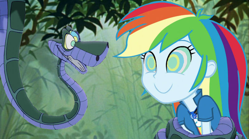 Size: 892x501 | Tagged: safe, artist:14oliverhedgehog, derpibooru import, rainbow dash, human, snake, equestria girls, coils, female, humanized, hypno dash, hypno eyes, hypnosis, hypnotized, image, jpeg, jungle, kaa, kaa eyes, male, smiling, wrapped up