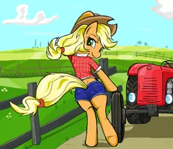 Size: 1277x1097 | Tagged: safe, artist:sallycars, derpibooru import, applejack, earth pony, pony, applejack day, applejack's hat, bipedal, butt, clothes, cowboy hat, daisy dukes, fence, field, hat, image, legitimately amazing mspaint, looking at you, looking back, looking back at you, looking over shoulder, ms paint, plot, png, shirt, shorts, solo, tractor