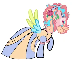 Size: 1168x1003 | Tagged: safe, artist:brightstar40k, derpibooru import, pinkie pie, alicorn, pony, alicornified, alternate design, alternate eye color, alternate hair color, alternate hairstyle, alternate universe, cinderella, clothes, dress, evening gloves, flower, flower in hair, gloves, gown, image, jetlag productions, jewelry, long gloves, necklace, open mouth, open smile, pearl necklace, png, poofy shoulders, princess pinkie pie, race swap, raised hoof, smiling, wings