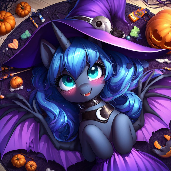 Size: 1024x1024 | Tagged: safe, derpibooru import, machine learning generated, princess luna, alicorn, ai content, bat wings, blushing, candy, choker, clothes, cute, cute little fangs, dress, fangs, female, food, generator:dall-e 3, halloween, hat, holiday, image, jack-o-lantern, jewelry, looking at you, lunabetes, necklace, png, pumpkin, species swap, wings, witch hat