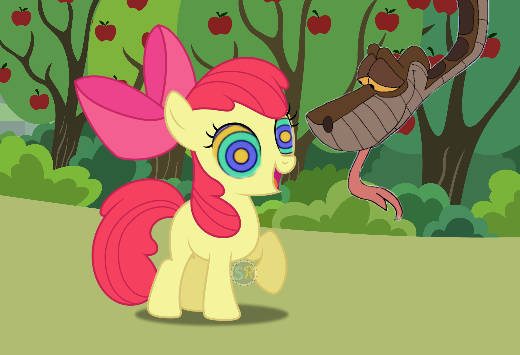 Size: 520x355 | Tagged: safe, artist:scornedremnant, derpibooru import, edit, edited screencap, screencap, apple bloom, earth pony, pony, snake, female, filly, foal, hypno eyes, hypnosis, image, jpeg, kaa, kaa eyes, male, open mouth, open smile, smiling, story included, sweet apple acres, tongue out