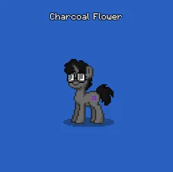 Size: 390x388 | Tagged: safe, derpibooru import, oc, oc:charcoal flower, unofficial characters only, pony, unicorn, pony town, black mane, black tail, blue background, cutie mark, female, flower, glasses, grey fur, horn, image, png, ponysona, simple background, tail, unicorn oc