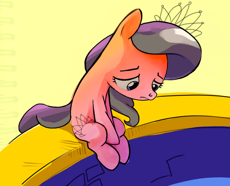 Size: 2344x1899 | Tagged: safe, artist:mandumustbasukanemen, derpibooru import, diamond tiara, pony, bridge, depressed, female, filly, foal, image, jpeg, looking down, sad, solo