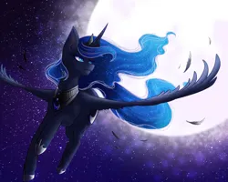 Size: 999x800 | Tagged: safe, artist:firelock13, derpibooru import, princess luna, alicorn, pony, beautiful, blue eyes, blue mane, blue tail, crown, ethereal mane, ethereal tail, female, flowing mane, flying, g4, hoof shoes, horn, image, jewelry, jpeg, mare, moon, moonlight, night, peytral, regalia, smiling, solo, sparkles, spread wings, starry mane, starry tail, stars, tail, wings