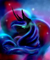 Size: 1280x1554 | Tagged: safe, artist:1cassar, derpibooru import, nightmare moon, alicorn, pony, blue mane, bust, crown, curved horn, ear fluff, ethereal mane, eyes closed, eyeshadow, female, flowing mane, g4, glow, glowing eyes, gradient background, horn, image, jewelry, jpeg, makeup, mare, moonlight, night, portrait, regalia, sky, solo, sparkles, starry mane, stars