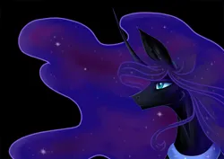 Size: 1280x905 | Tagged: safe, artist:1cassar, derpibooru import, nightmare moon, alicorn, pony, black background, blue eyes, blue mane, bust, contemplating, crown, curved horn, digital art, ear fluff, ethereal mane, eyeshadow, female, flowing mane, g4, horn, image, jewelry, jpeg, lidded eyes, makeup, mare, moonlight, night, peytral, portrait, regalia, simple background, sky, solo, space, sparkles, starry mane, starry night, stars, sternocleidomastoid