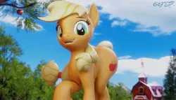 Size: 4096x2344 | Tagged: safe, artist:godoffury, derpibooru import, applejack, earth pony, pony, 3d, blender, cute, female, hatless, high res, image, jackabetes, jpeg, looking at you, mare, missing accessory, smiling, smiling at you, solo