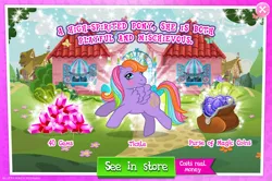 Size: 1962x1300 | Tagged: safe, derpibooru import, idw, official, tickle (g1), pegasus, pony, g1, advertisement, bow, costs real money, english, female, g4, gameloft, gem, idw showified, image, jpeg, magic coins, mare, mobile game, my little pony: magic princess, numbers, sale, solo, tail, tail bow, text, wings