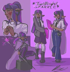 Size: 2895x3000 | Tagged: safe, artist:8lep8a, derpibooru import, twilight sparkle, human, alternate hairstyle, blackwashing, book, boots, clothes, dark skin, denim, ear piercing, eared humanization, earring, elf ears, female, glasses, humanized, image, jeans, jewelry, jpeg, necktie, pants, piercing, robe, shirt, shoes, skirt, socks, solo, staff, stockings, thigh highs, tumblr nose