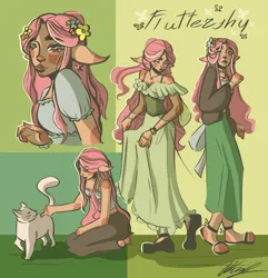 Size: 2895x3000 | Tagged: safe, artist:8lep8a, derpibooru import, fluttershy, cat, human, alternate hairstyle, barefoot, bracelet, clothes, coat, denim, dress, ear piercing, eared humanization, earring, elf ears, feet, female, flats, floral head wreath, flower, humanized, image, jeans, jewelry, jpeg, necklace, pants, piercing, sandals, shirt, shoes, skirt, solo, tanktop, tumblr nose, wristband