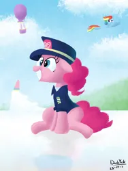 Size: 2400x3200 | Tagged: safe, artist:dashyoshi, derpibooru import, pinkie pie, rainbow dash, earth pony, pegasus, pony, clothes, cloud, cute, diapinkes, female, flying, hat, hot air balloon, image, mare, pilot, pinktober, plane, png, sky, suit, uniform, uniform hat