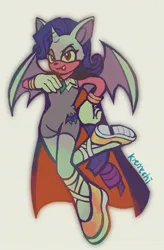 Size: 1258x1920 | Tagged: source needed, safe, artist:kremechi, derpibooru import, rarity, anthro, bat pony, bat ponified, cape, clothes, flying, hand on chest, hand on hip, image, jpeg, mobian, race swap, raribat, simple background, sonic the hedgehog (series), sonicified, spread wings, wings
