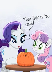 Size: 1890x2590 | Tagged: safe, artist:theretroart88, derpibooru import, rarity, sweetie belle, pony, unicorn, :d, belle sisters, duo, duo female, female, filly, foal, halloween, holiday, image, mare, open mouth, open smile, png, pumpkin, pumpkin carving, siblings, sisters, smiling, speech bubble, text