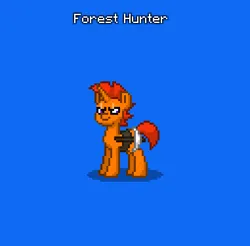 Size: 381x375 | Tagged: safe, derpibooru import, oc, oc:forest hunter, pony, unicorn, pony town, belt, blue background, horn, hunter, image, male, pickaxe, png, simple background, stallion, unicorn oc