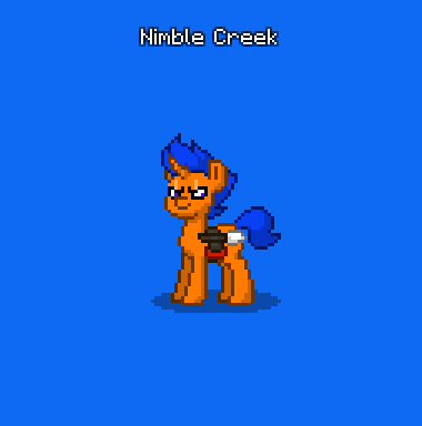 Size: 380x384 | Tagged: safe, derpibooru import, oc, oc:nimble creek, unofficial characters only, pony, unicorn, pony town, belt, blue background, horn, hunter, image, male, png, shovel, simple background, stallion, unicorn oc