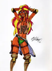 Size: 783x1056 | Tagged: safe, artist:masterdarhil, derpibooru import, sunset shimmer, equestria girls, bikini, bikini bottom, boots, breasts, busty sunset shimmer, cape, clothes, corset, elf ears, fanfic art, image, jpeg, knee-high boots, marker drawing, shoes, smiling, swimsuit, traditional art