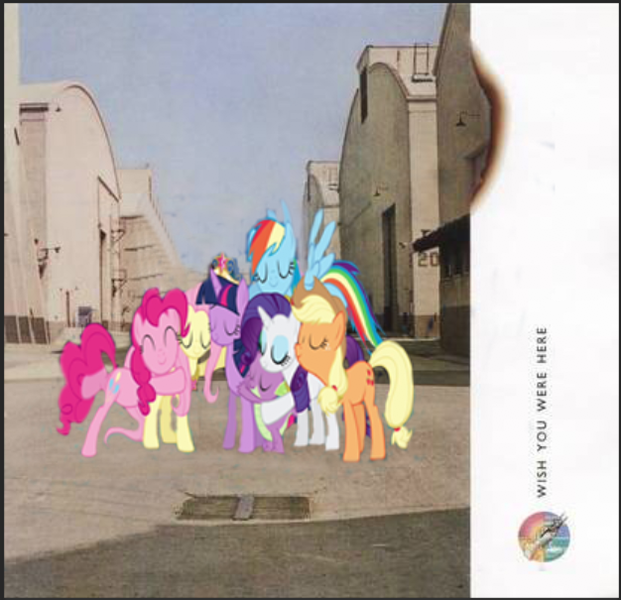 Size: 626x605 | Tagged: safe, artist:polorenzielephant, derpibooru import, applejack, fluttershy, pinkie pie, rainbow dash, rarity, spike, twilight sparkle, twilight sparkle (alicorn), ponified, alicorn, pony, princess twilight sparkle (episode), album cover, big crown thingy, element of magic, image, jewelry, mane seven, mane six, photoshop, pink floyd, png, ponified album cover, regalia, wish you were here