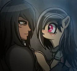 Size: 930x859 | Tagged: safe, artist:undisputed, derpibooru import, oc, oc:crimson sky, oc:dahlia do, unofficial characters only, human, pegasus, pony, fanfic, blushing, dilated pupils, fanfic art, female, holding, holding a pony, image, jpeg, male, mare, smiling