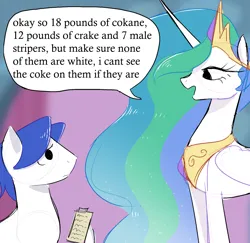 Size: 1952x1895 | Tagged: safe, artist:syrupyyy, derpibooru import, princess celestia, alicorn, earth pony, pony, clipboard, dialogue, duo, female, image, implied drug use, implied drugs, mare, master chief and luna hanging out, meme, png, speech bubble