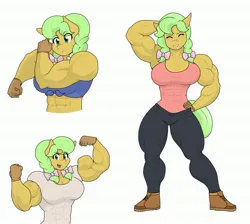 Size: 2983x2674 | Tagged: safe, artist:matchstickman, derpibooru import, goldie delicious, anthro, earth pony, pony, abs, arm behind head, biceps, breasts, busty goldie delicious, clothes, deltoids, female, flexing, gloves, image, jpeg, mare, midriff, muscles, muscular female, pants, shoes, simple background, sleeveless, solo, white background, young goldie delicious, younger