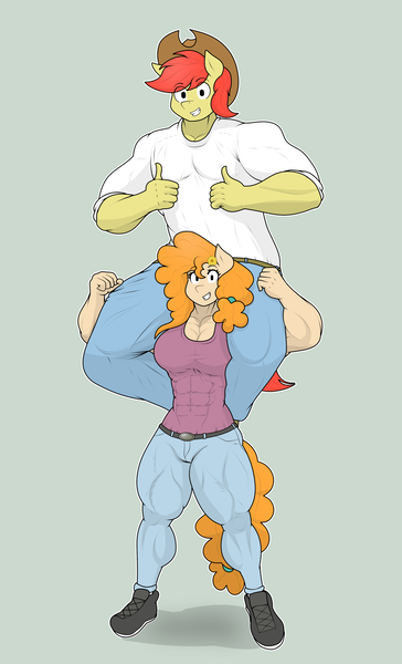 Size: 2641x4349 | Tagged: safe, artist:matchstickman, derpibooru import, bright mac, pear butter, anthro, earth pony, pony, abs, breasts, brightbutter, busty pear butter, clothes, denim, duo, female, grin, image, jeans, looking at you, male, mare, muscles, muscular female, muscular male, pants, pecs, png, shipping, shoes, shoulder ride, smiling, stallion, straight, thighs, thumbs up, thunder thighs