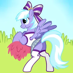 Size: 4000x4000 | Tagged: safe, artist:wtfponytime, derpibooru import, lilac sky, pegasus, pony, blue eyes, blue mane, bow, butt, cheerleader, cheerleader outfit, clothes, cloudsdale cheer ponies, female, g4, hair bow, image, mare, plot, png, rear view, short hair, show accurate, simple background, simple shading, smiling, socks, solo, standing on two hooves
