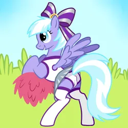 Size: 4000x4000 | Tagged: suggestive, artist:wtfponytime, derpibooru import, lilac sky, pegasus, pony, blue eyes, blue mane, bow, butt, cheerleader, cheerleader outfit, clothes, cloudsdale cheer ponies, crotch bulge, female, g4, hair bow, image, mare, panties, plot, png, rear view, short hair, show accurate, simple background, simple shading, socks, solo, standing on two hooves, underwear, white panties