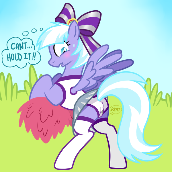 Size: 4000x4000 | Tagged: questionable, artist:wtfponytime, derpibooru import, lilac sky, pegasus, pony, blue eyes, blue mane, blushing, bow, butt, cheerleader, cheerleader outfit, clothes, cloudsdale cheer ponies, crotch bulge, desperation, dialogue, embarrassed, female, g4, hair bow, image, lip bite, mare, need to pee, omorashi, onomatopoeia, panties, pissing, plot, png, potty emergency, potty time, rear view, short hair, show accurate, simple background, simple shading, socks, solo, sound effects, standing on two hooves, sweat, sweatdrop, text, thought bubble, underwear, urine, wet panties, wetting, white panties