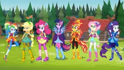 Size: 791x445 | Tagged: safe, artist:lenaedickerson, derpibooru import, applejack, fluttershy, pinkie pie, rainbow dash, rarity, sci-twi, sunset shimmer, twilight sparkle, equestria girls, boots, clothes, cowboy boots, crystal guardian, high heel boots, humane five, humane seven, humane six, image, jpeg, shoes, simple background, transparent background
