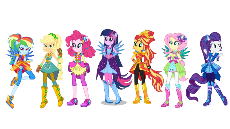 Size: 1280x720 | Tagged: safe, artist:lenaedickerson, derpibooru import, applejack, fluttershy, pinkie pie, rainbow dash, rarity, sci-twi, sunset shimmer, twilight sparkle, equestria girls, boots, clothes, cowboy boots, crystal guardian, high heel boots, humane five, humane seven, humane six, image, png, shoes, simple background, transparent background