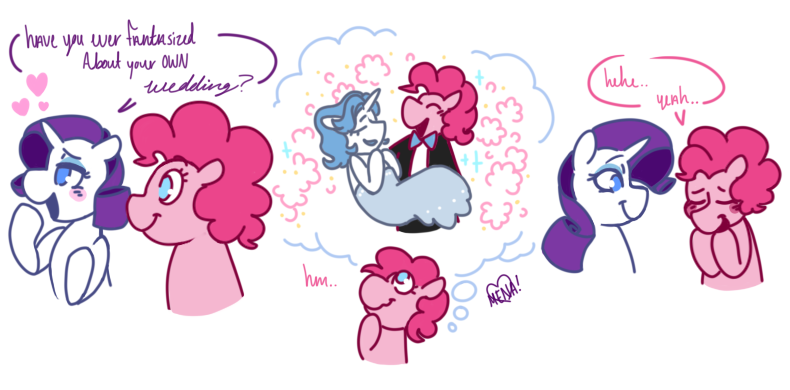 Size: 790x390 | Tagged: safe, artist:dsstoner, derpibooru import, fancypants, pinkie pie, rarity, earth pony, pony, unicorn, comic:pinkiepants!, comic, crossdressing, dialogue, female, image, male, marriage, pinkiepants, png, shipping, simple background, speech bubble, straight, thought bubble, wedding, white background