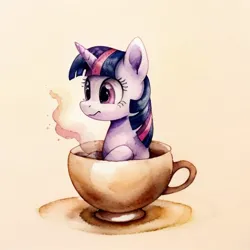 Size: 512x512 | Tagged: safe, derpibooru import, machine learning generated, twilight sparkle, pony, unicorn, ai content, cup, cup of pony, female, image, jpeg, mare, micro, solo, teacup