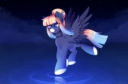 Size: 4800x3158 | Tagged: safe, artist:madelinne, derpibooru import, oc, oc:kimono silk, unofficial characters only, pegasus, pony, choker, cloud, flying, image, night, pegasus oc, png, reflection, ripple, sky, solo, stars, water, wings